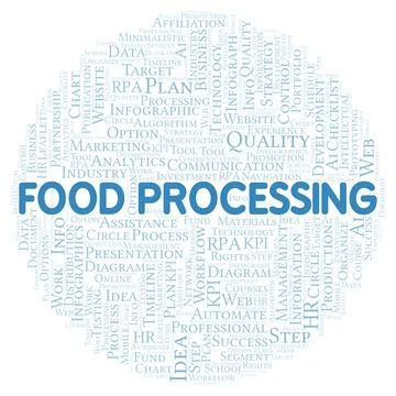 Food Processing typography word cloud create with the text only. Illustrazione stock