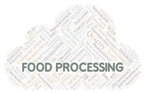 Food Processing typography word cloud create with the text only. Illustrazione stock