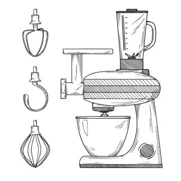 Food processor with different nozzles isolated on white background. Illustrat 스톡 일러스트