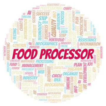 Food Processor typography word cloud create with the text only. Illustrazione stock