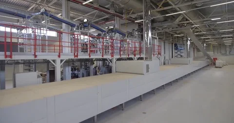 Food production plant interior, copter shot Stock Footage