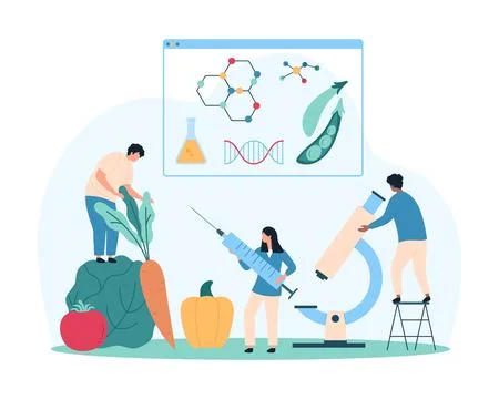 Food quality analysis in laboratory, tiny people research safety of fruit and 스톡 일러스트