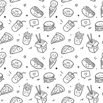 Food seamless pattern Doodle Drawing design concept. Vector illustration Stock Illustration