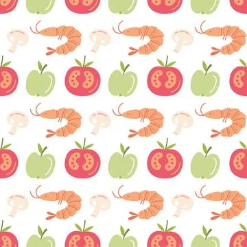 Food seamless pattern with hand drawn shrimp tomato mushroom and apple for Stock Illustration