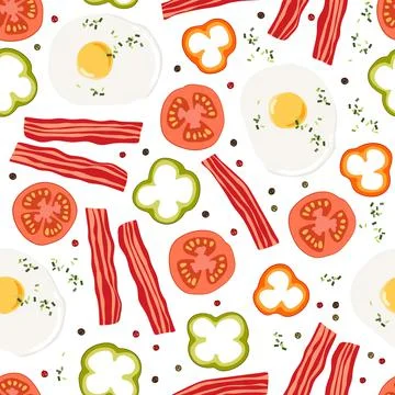 Food seamless pattern. Overhead view of isolated bacon, fried egg, paprika 库存插图
