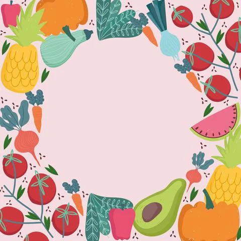 Food seamless pattern round border fresh vegetables and fruits design Stock Illustration