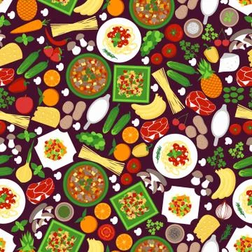 Food seamless pattern vector illustration. Background with vegetables and fruits Illustrazione stock
