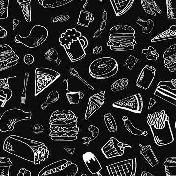 Food, seamless pattern. Vector illustration on a black background Stock Illustration