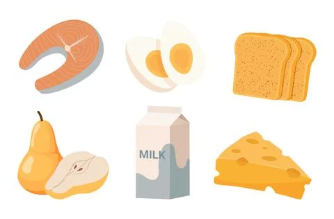 Food set bread eggs cheese milk steak salmon and pear Stock Illustration