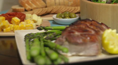 Food Spread Move Left Salmon Cheese Pork Video stock 64974218