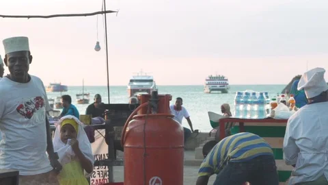 Food stalls installed on the beach Stock Footage 85780751