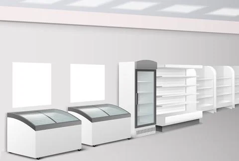 Food store interior with empty shelf and fridge Stock Illustration