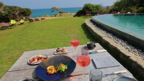 Food on the table with beach view Stock Footage 288232812