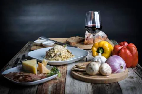 Food table with spaghetti carbonara Stock Photos