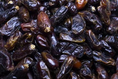 Food texture background of dried dates , top view. Stock Photos