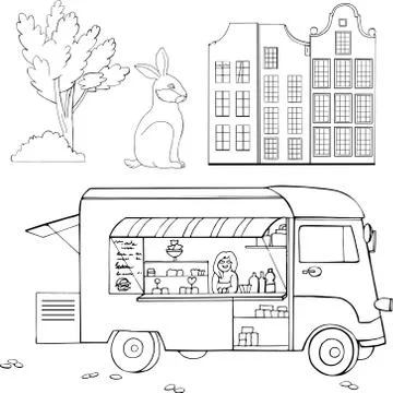 Food truck elements Vector hand drawn food truck, old european houses, tree a Stockillustratie