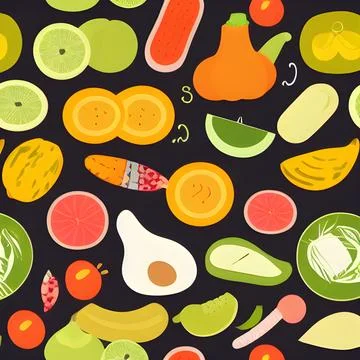 Food vegetable abstract pattern seamless, random element vintage design wal.. Stock Illustration