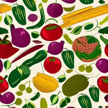 Food vegetable abstract pattern seamless, random element vintage design wal.. Stock Illustration