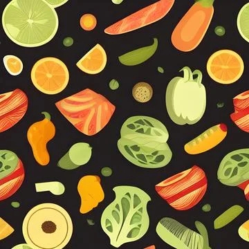 Food vegetable abstract pattern seamless, random element vintage design wal.. Stock Illustration