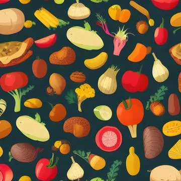 Food vegetable abstract pattern seamless, random element vintage design wal.. Stock Illustration