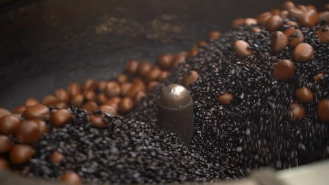 Food Video Scene of slow motion roast chestnut with sand grain. Put the dried Stock Footage 128299853