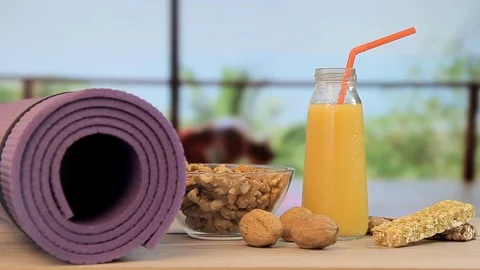 Food for yoga, Pilates,women exercising healthy lifestyle Stock Footage