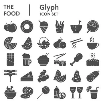 Fooddrinks solid icon set. Food and drink signs collection or sketches, logo イラスト素材