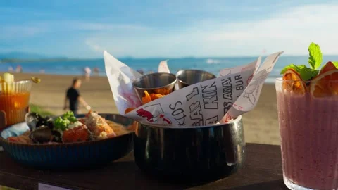 Foods on the beach bar table Stock Footage 300692041