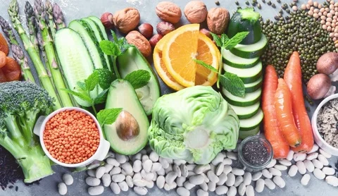 Foods high in carbohydrates on grey background Stock Footage 166380883