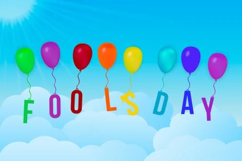 Fool s day vector illustration with colorful balloons and rays of sun on blue Stock Illustration