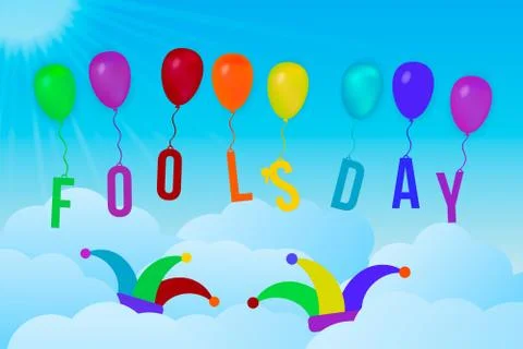 Fool s day vector illustration with colorful balloons and rays of sun on blue Stock Illustration