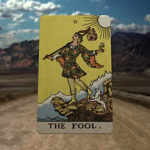 The Fool tarot card blown down a path beginning journey - loop (00) 2K 1:1 Stock Footage 151679235
