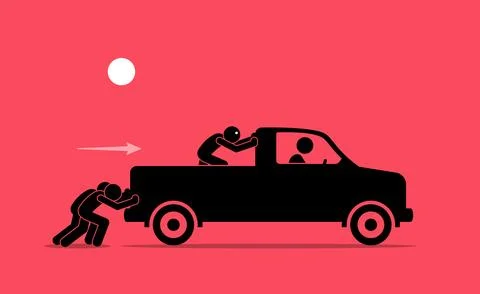 Foolish man helping people to push a broken pickup truck from the cargo bed.  Stock Illustration