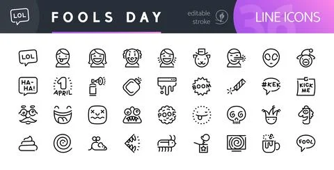 Fools Day Line Icons Set with Editable Stroke Stock Illustration