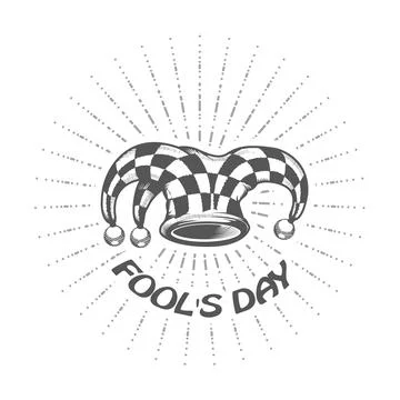 Fools day poster, jester or joker checked hat with bells, harlequin headwear, Stock Illustration