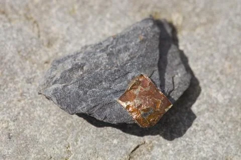 Fools gold or Iron Pyrites in slate rock. Stock Photos