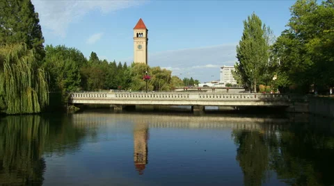 Foot Bridge Over Spokane River in Riverfront Park - Spokane, Washington Video stock 44742866
