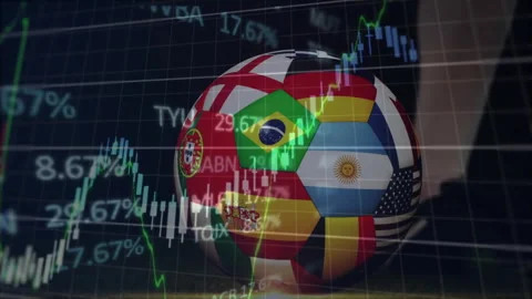 Foot contacting patchwork soccer ball rolling as data climbing fluctuating Stock Footage 310644139