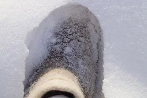 A foot in a felt boot sank into deep snow Stock Photos