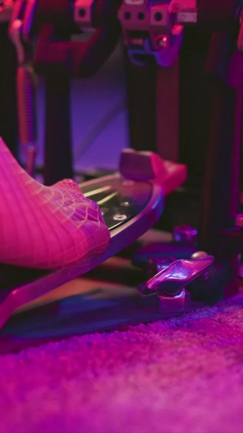 Foot In Mesh Sock Pressing Drum Pedals Under Purple Pink Studio Lighting Close Stock Footage 345988455