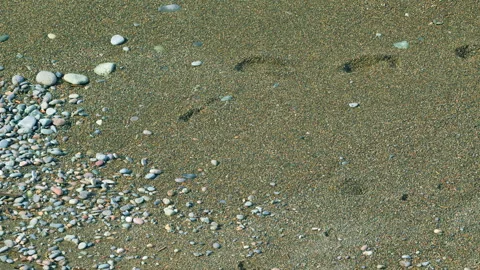 Foot Prints On A Small Pebble Beach. Foot Prints On Wet Sand. Tilt up. Stock Footage 257677861