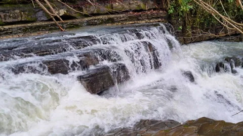 The foot of a small waterfall coming down the moss-covered rock wall of a gorge. Stock Footage 266869830
