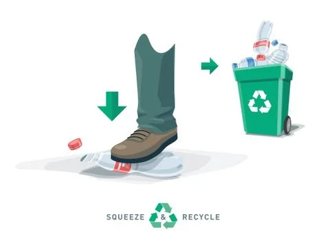 Foot Squeeze Empty Plastic Bottle with Recycling Bin Stock Illustration