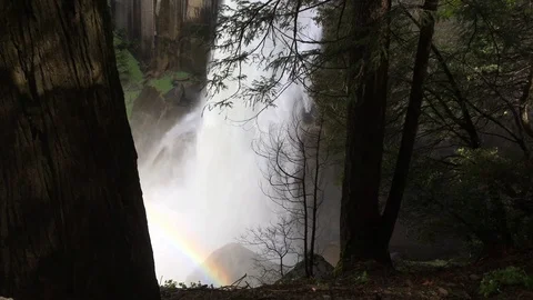 Foot of Waterfall creates rainbow through trees Stock-Footage 90271856