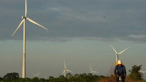 Footage 4K: Engineer with wind turbines Stock Footage 144896888