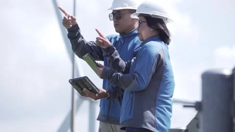 Footage 4K: Two engineers are talking about wind turbine system Stock Footage 133124755