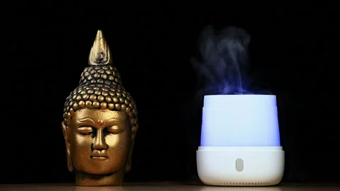 Footage of aroma diffuser buddha statue dark background Stock Footage 220143923