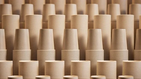Footage of assorted disposable cups. Stacks of cups. Close up. Zooming in. Stock Footage 133471597