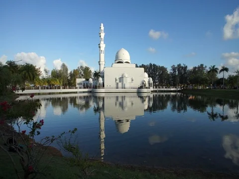 Footage of Beautiful White mosque with reflection in the lake Stock Footage 103823757