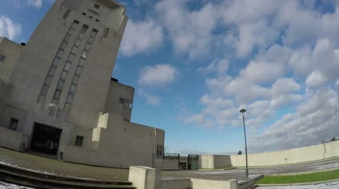 Footage camera pan right to left old communication facility art deco 4k Stock Footage 59167045